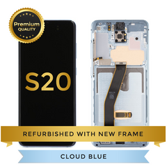 Refurbished Samsung Galaxy S20 LCD Digitizer display assembly with front housing, Cloud Blue