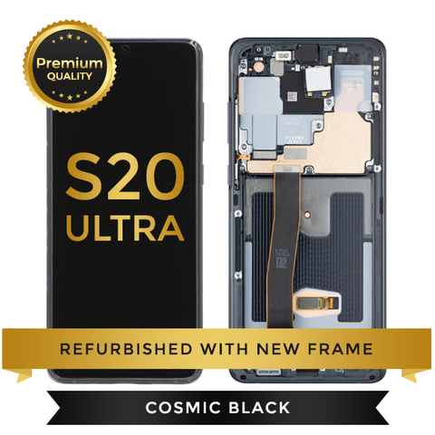 Refurbished Samsung Galaxy S20 Ultra LCD Digitizer display assembly with front housing, Cosmic Black